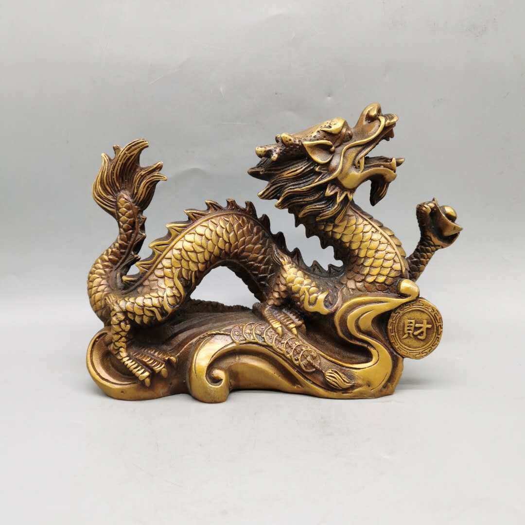 纯铜龙青龙腾盛世财福龙吐珠摆件金龙生肖汉龙形办公室桌面装饰品