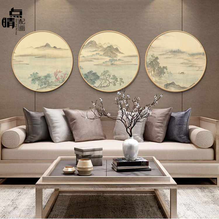 新中式实木圆形框装饰画客厅玄关山水水墨国画禅意挂画中国风壁画