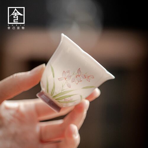 弥言纯手绘兰花主人杯手工陶瓷花口茶杯家用品茗杯日式聚香闻香杯