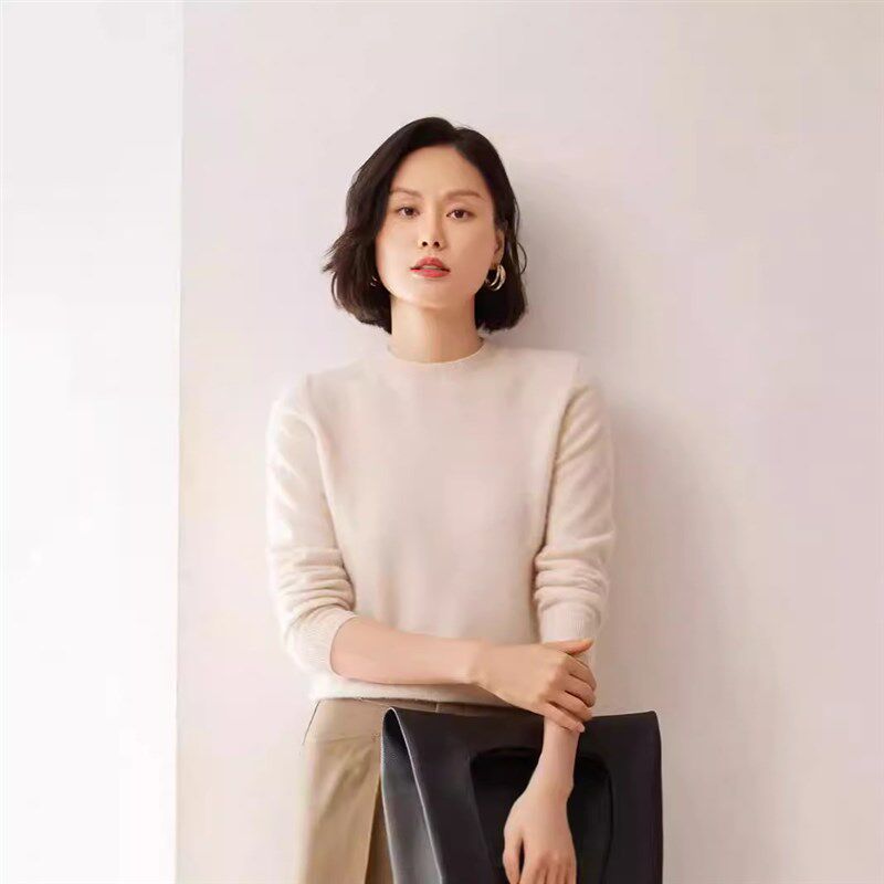 通勤百搭圆领山羊绒女秋冬新款内搭羊绒打底衫毛衣平针简约针织衫