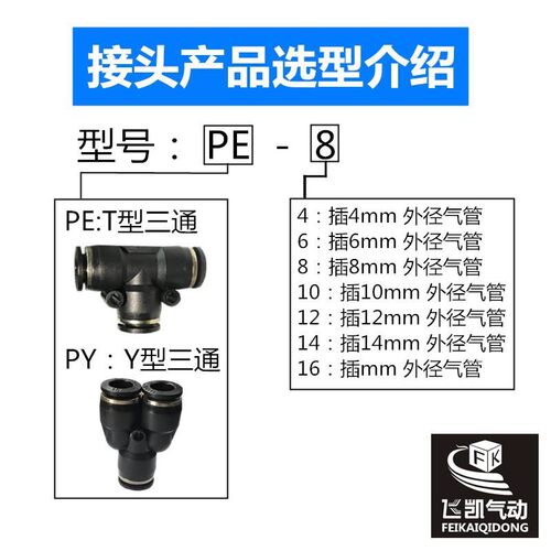 快速快插气管接头 气动元件黑色塑料T型三通配件PE4 6 8 10 12 16