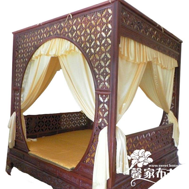 画檐中式仿古实木架子床幔帘月牙明清古典蚊帐防风保暖帘遮光绸缎
