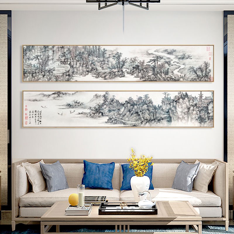新中式客厅横幅装饰画古代山水国画茶室背景墙画挂画虎丘图水墨画