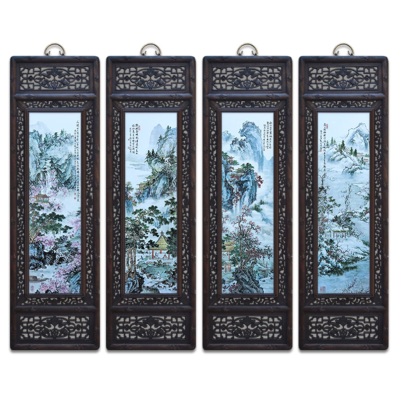 手绘仿古景德镇陶瓷瓷板画中式挂画瓷画版画客厅装饰画四条屏实木
