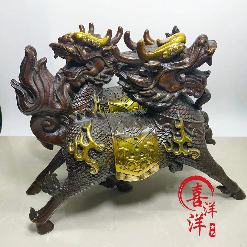 纯铜黄铜纯手工雕刻鎏金大火麒麟一对摆件家用办公书桌复古老物件