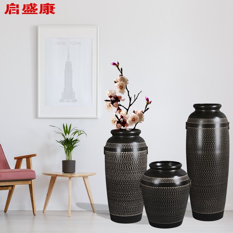 宽口黑色抖刀纯手工工艺落地大花瓶别墅摆件客厅陶瓷饰品玄关瓷器