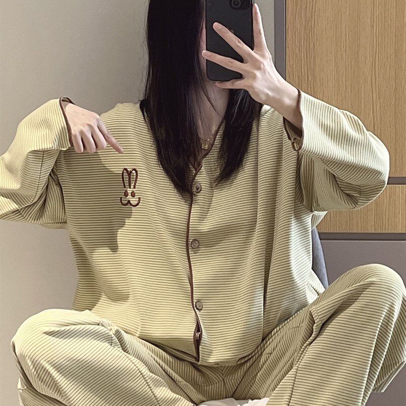 中长款开衫睡衣女针织棉卡通兔子细条纹家居服大码胖mm200斤套装