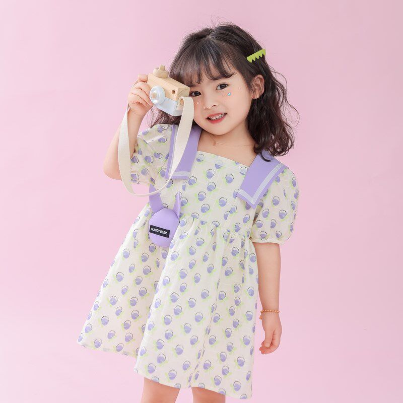 女童立体小兔子满印短袖连衣裙夏季2025新款儿童学院风女宝宝裙子