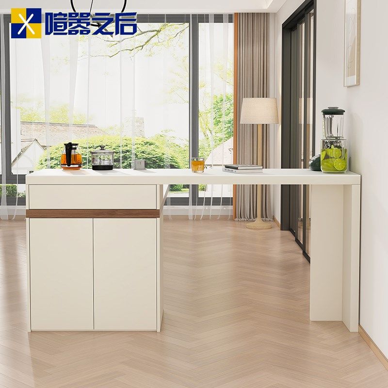 奶油风岩板岛台餐桌一体小户型厨房茶台烧水壶一体吧台隔断柜8E55