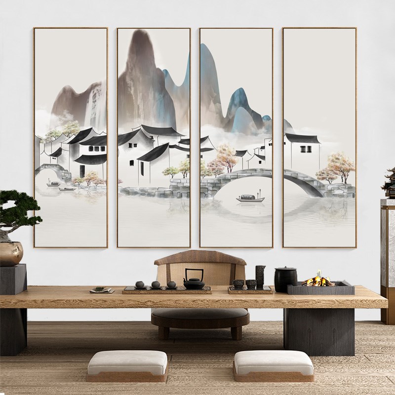 水墨画江南水乡新中式客厅装饰画沙发背景墙四联挂画茶室带框壁画