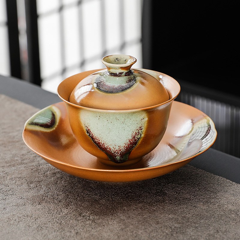 盖碗复古茶杯仿柴烧三才杯手工陶瓷敬茶杯带壶承托盘冲茶功夫茶具图片