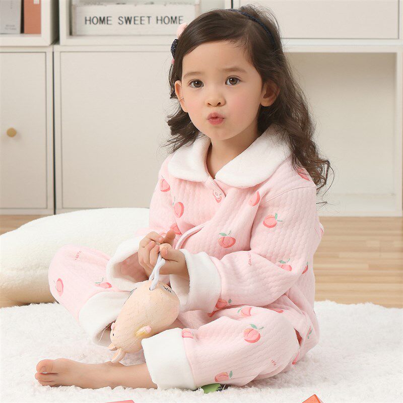 kaka春秋加厚儿童睡衣纯棉空气层三层夹棉女童毛领保暖家居服套装