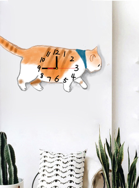 可爱文艺猫咪卡通静音挂钟表创意挂表壁钟个性北欧橘猫装饰时钟表