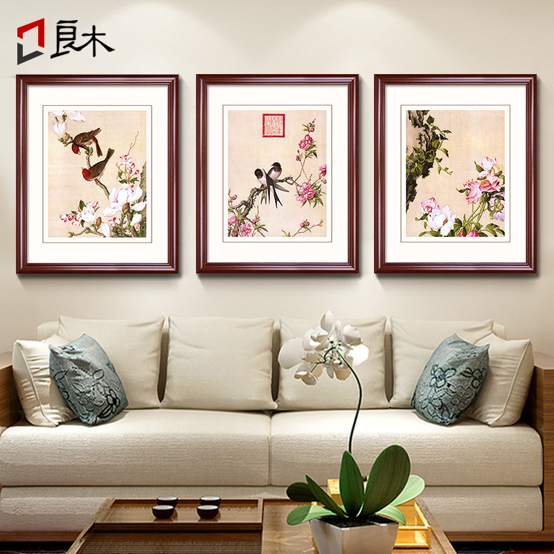 郎世宁装饰画新中式三联画沙发背景墙挂画客厅2026新款餐厅墙壁画