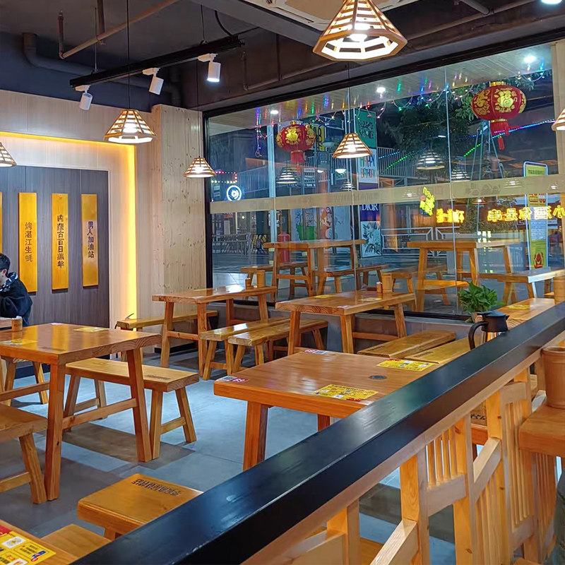 烧烤店桌椅板凳实木长桌原木色木屋烧烤店小吃桌子串串火锅桌餐厅