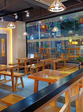 烧烤店桌椅板凳实木长桌原木色木屋烧烤店小吃桌子串串火锅桌餐厅
