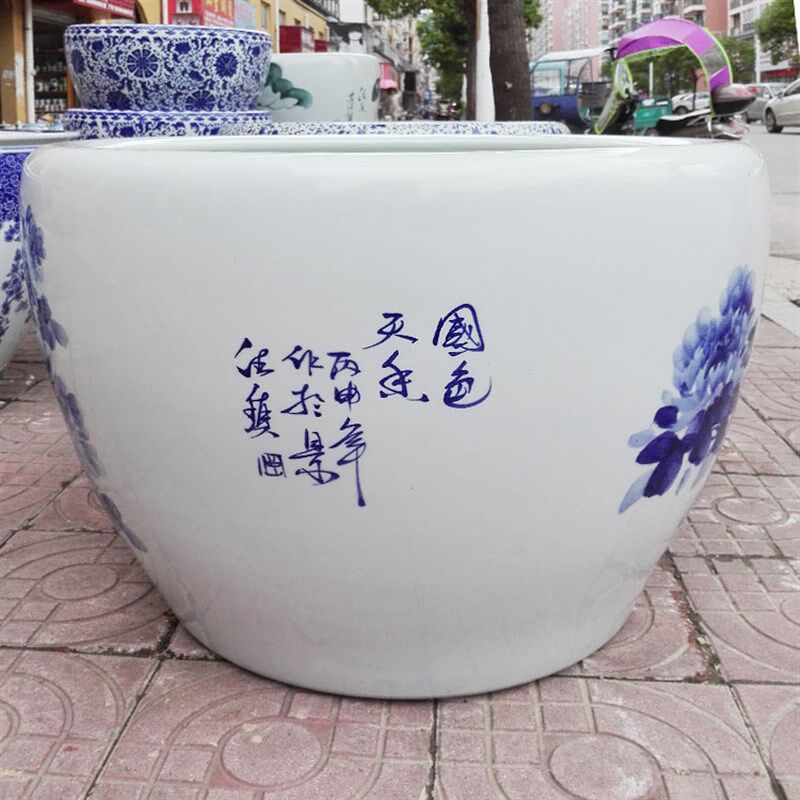 包邮景德镇陶瓷鱼缸养龟盆手绘青花瓷牡丹睡莲盆荷花书画缸画缸
