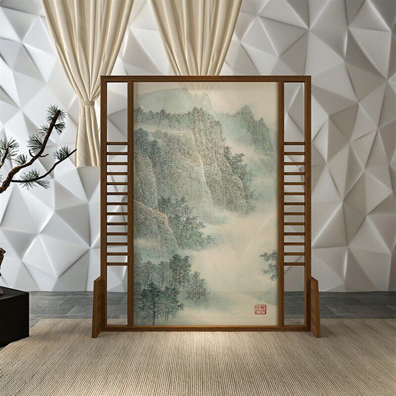 新中式玄关可移动茶室左右镂空实木座屏办公室字画屏风画隔断
