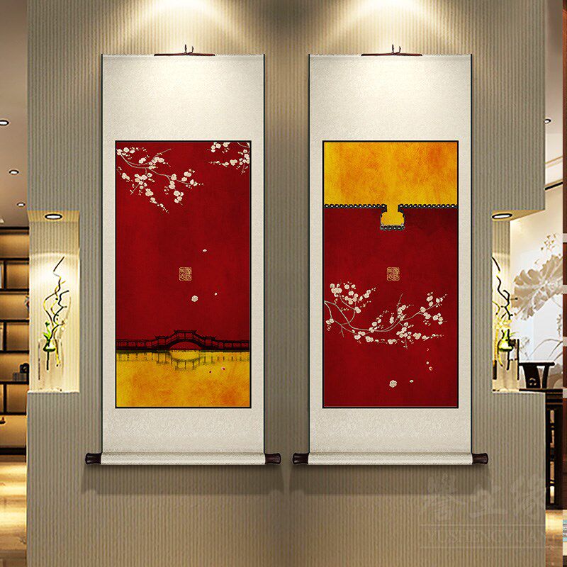 中国风新中式卷轴挂画竖版玄关装饰画餐厅书房挂轴客厅走廊墙壁画