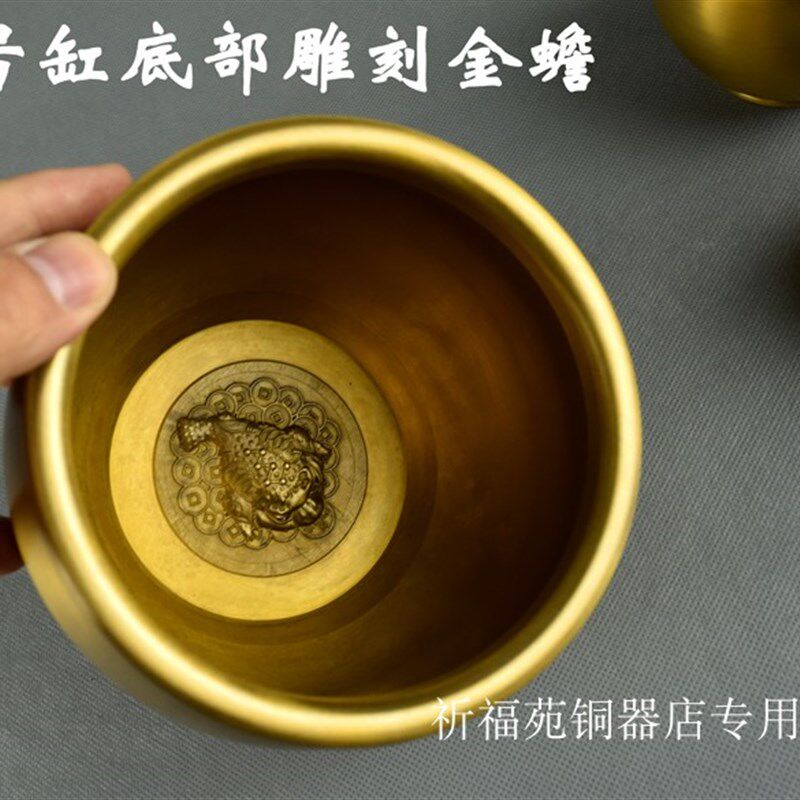 纯铜缸摆件黄铜缸摆件金蟾缸黄色办公室客厅居家摆件怀旧缸铜