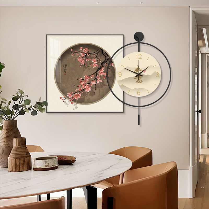 梅花挂画新中式餐厅装饰画钟表挂钟客厅沙发背景墙餐桌高端墙画