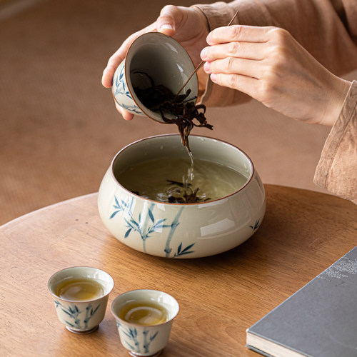 画续草木灰手绘竹子水洗茶洗缸建水水盂陶瓷家用茶道配件中式复古