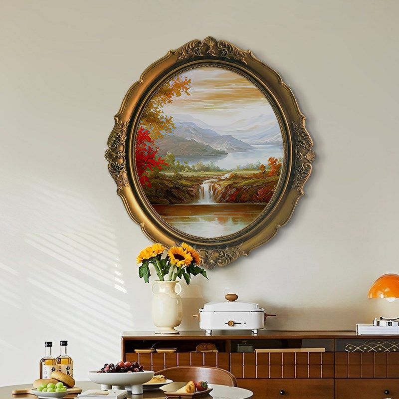 美式客厅装饰画法式轻奢椭圆挂画卧室床头背景墙风景壁画复古油画