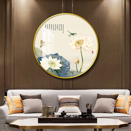进门入户玄关装饰画新中式荷花蜻蜓大圆形挂画餐厅背景墙晶瓷壁画