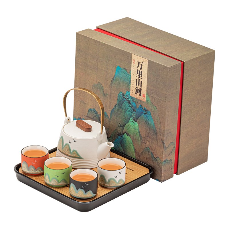 国潮风功夫茶具一壶四杯茶盘家用陶瓷泡茶壶茶杯礼盒套组礼品定制