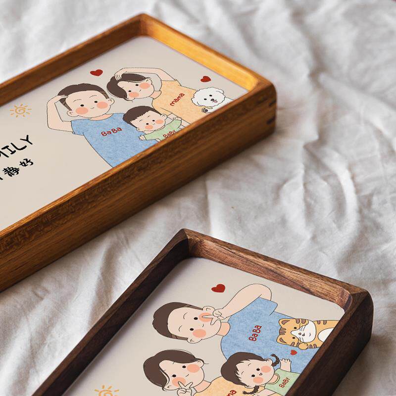 一家三口装饰画四口之家摆件情侣漫画纪念相框七夕节礼物实木摆台