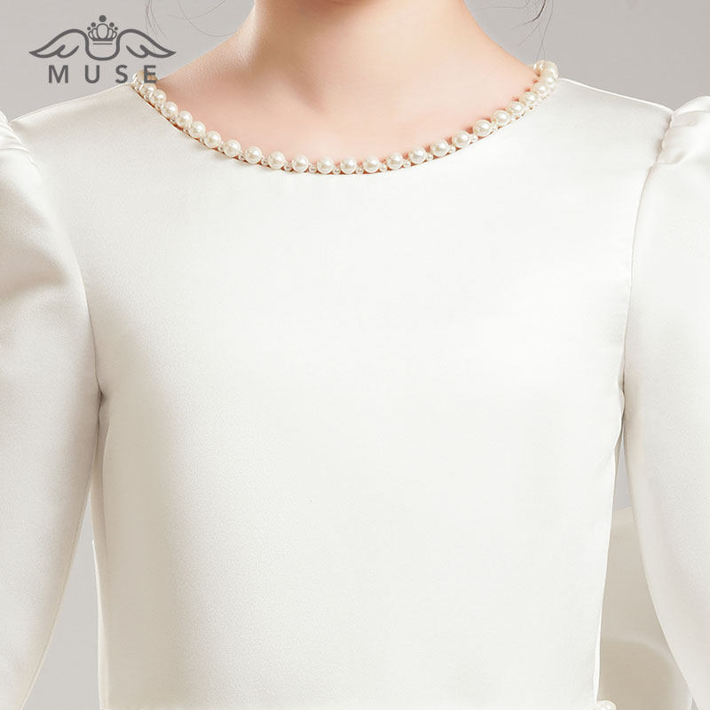 女童晚礼服白色中袖儿童生日花童婚礼小女孩高端钢琴演奏公主裙新