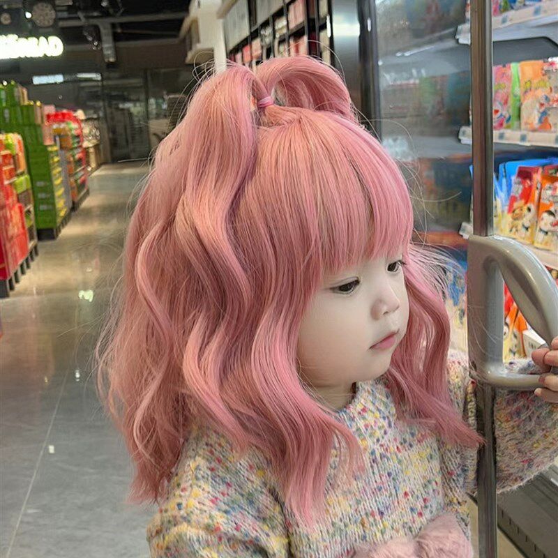 儿童假发女孩粉色中长卷发宝宝泡面头发型婴儿可爱发饰拍照全头套