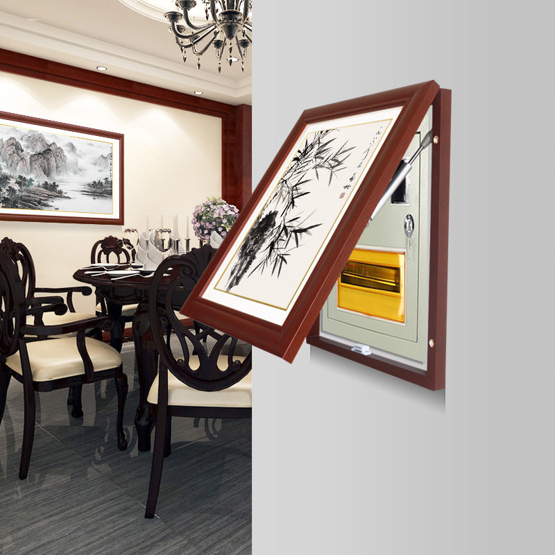 中式纯实木电表箱装饰画液压上翻有框国画遮挡配电箱画竖式挂画