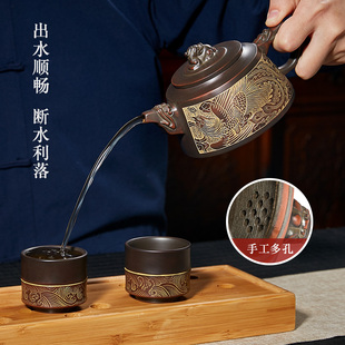 【龙凤壶】钦州坭兴陶茶壶 王征纯手工壶泡茶壶线刻茶具大容量