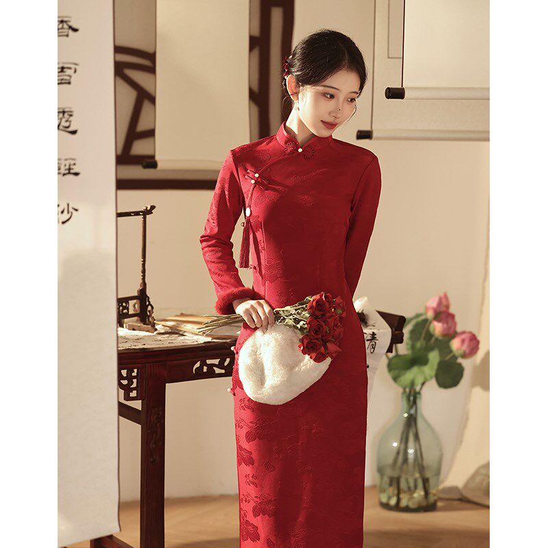 红色旗袍敬酒服高级感新娘结婚长袖新中式连衣裙年轻款订婚礼服女
