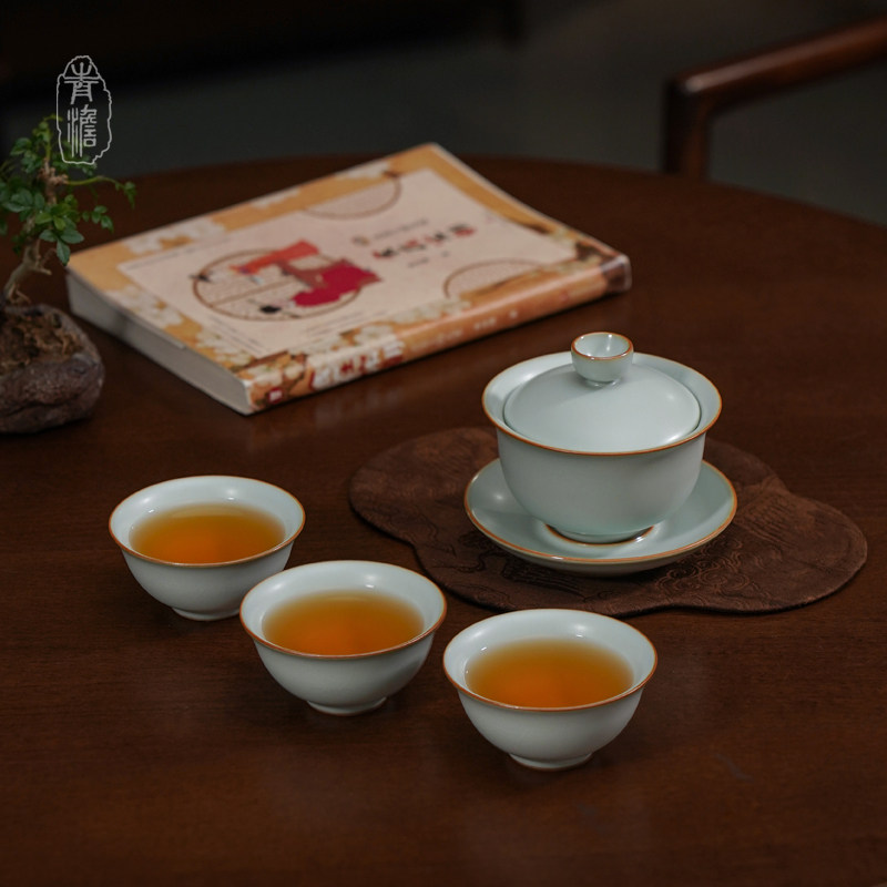 随心望月茶组4件套 复古汝窑茶具盖碗功夫茶 景德镇茶器送长辈礼
