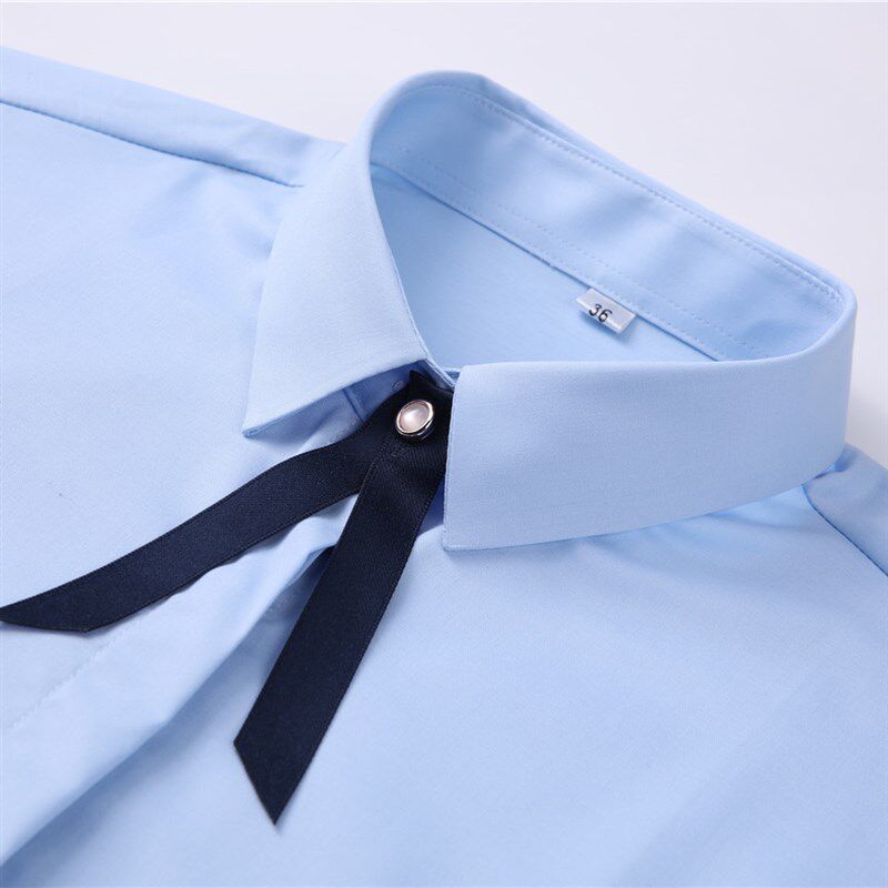 女士方领长袖白色职业衬衫工作服蓝色竹纤维衬衣女白色正装衬衫