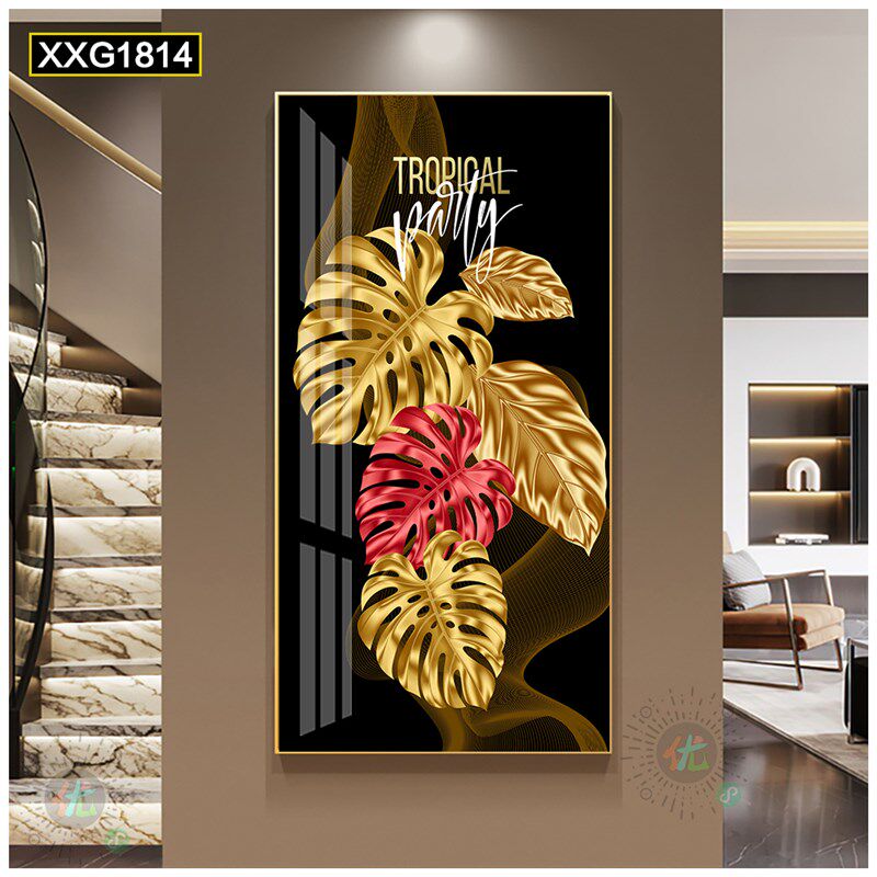 入户玄关寓意好挂画晶瓷画轻奢正对门叶脉装饰画竖版树叶过道壁画