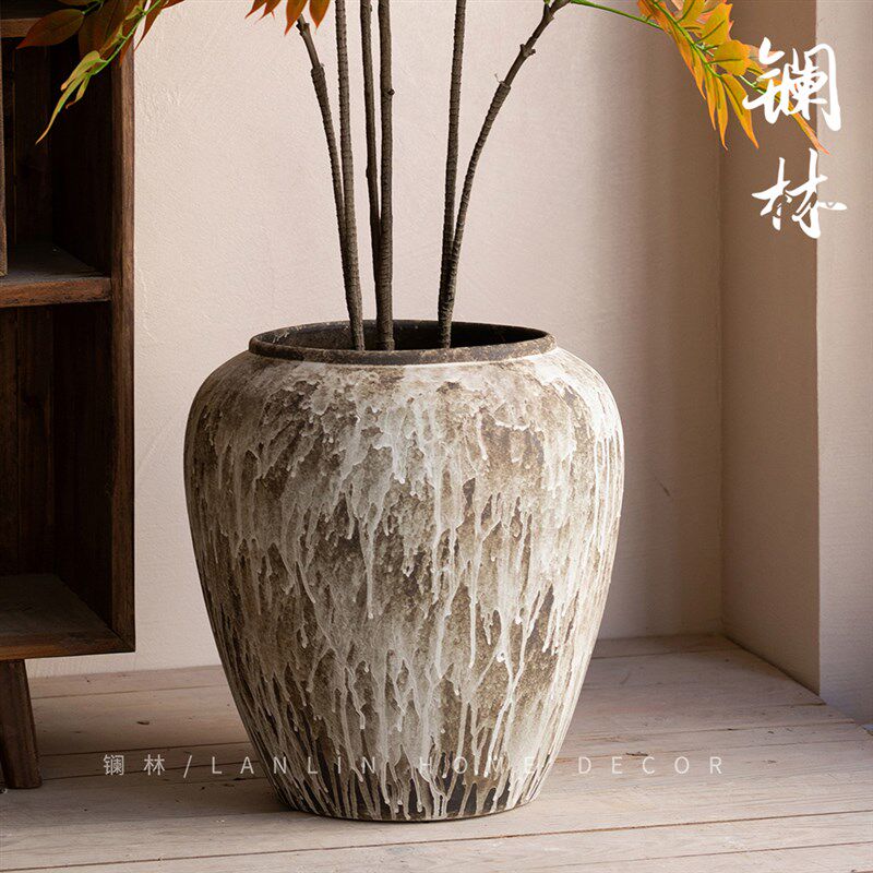 景德镇侘寂风南蛮落地花瓶新中式复古简约粗陶罐客厅酒店装饰大缸