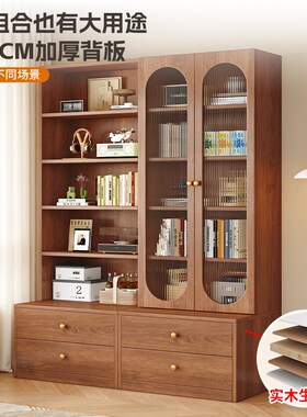 实木书柜一体整墙客厅卡座展示柜子落地组合家用复古简约卧室书架