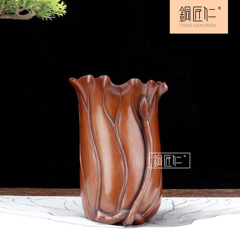 铜匠仁 紫铜荷叶笔筒铜摆件 客厅办公室装饰工艺品家居饰品摆设