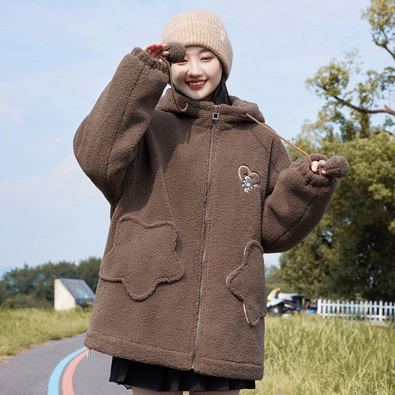 学院风少女大童秋冬季加厚羊羔毛绒外套2023新款初高中学生棉服女