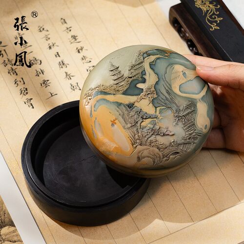 张小凤苴却砚带盖碗砚可研墨原石大师手作天然原石攀枝花墨条手工