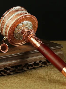 新款藏式纯铜手摇转动桶六字大白伞手摇转金轮家用浮雕八吉祥摆件