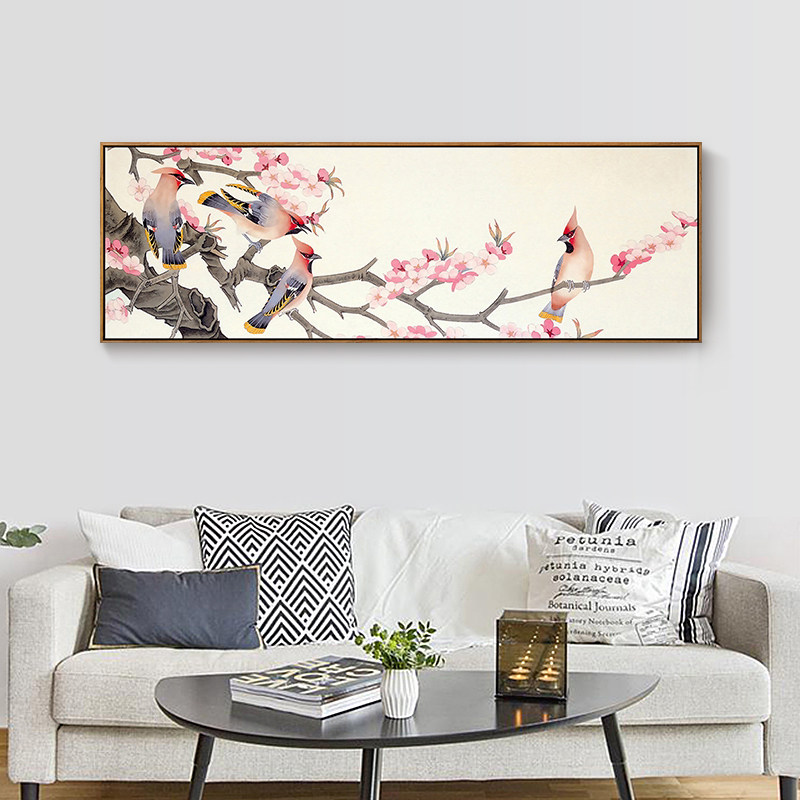 鹊栖桃枝图新中式卧室床头画客厅装饰画沙发背景墙壁画挂画有框