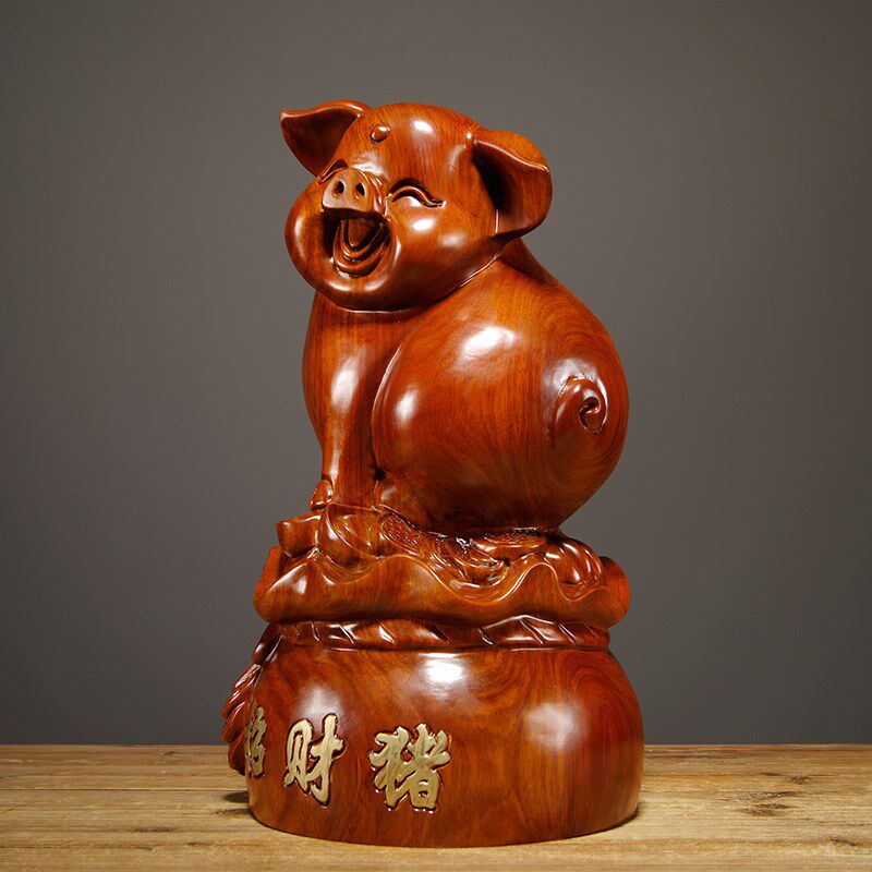 花梨木雕十二生肖福猪摆件家居客厅电视柜寓意装饰摆设开业送礼品