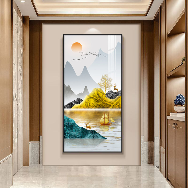 入户玄关装饰画新中式竖版走廊过道尽头挂画山水画客厅壁画晶瓷画