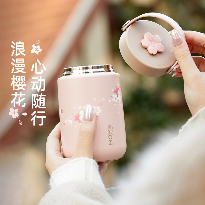 MOMO咖啡保温杯女生高颜值手提便携随行316不锈钢樱花水杯子新款