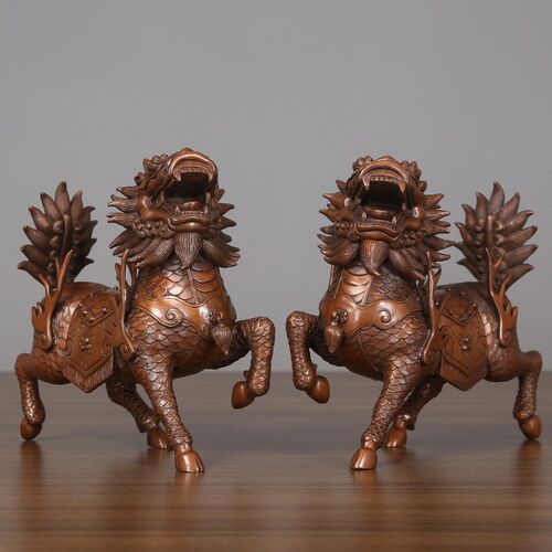 紫铜麒麟摆件一对纯铜火麒麟客厅玄关办公桌工艺品家居装饰品开业