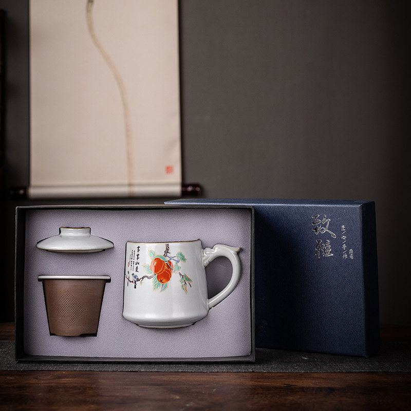 汝窑茶杯单杯办公室泡茶杯马克杯陶瓷水杯老板杯汝瓷可养过滤杯子